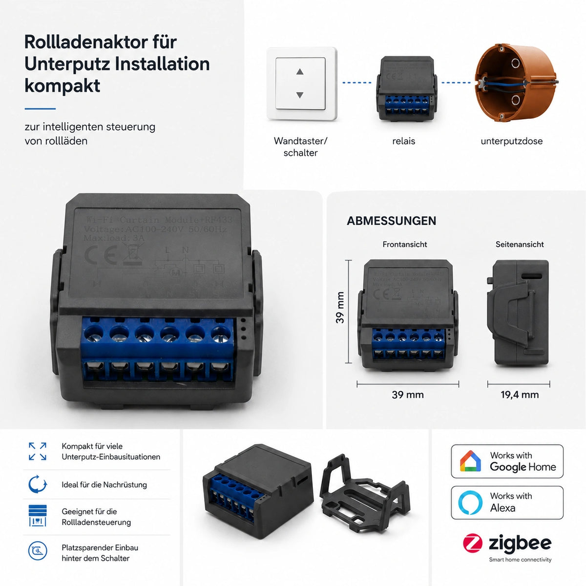 SIRO Smart Zigbee Relais Rollladenschalter – Installationsschema Wandtaster-Relais-Unterputzdose, 39x39x19,4 mm